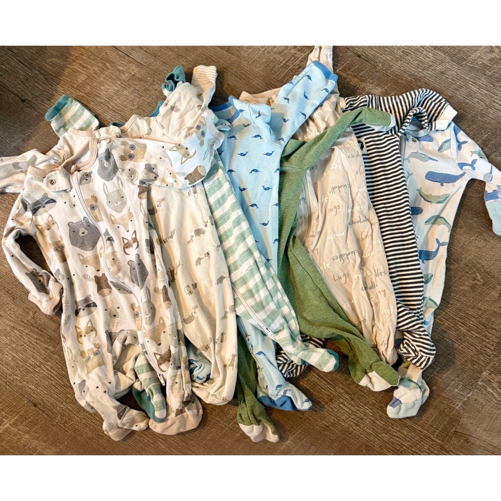 Baby Sleeper Lot 8pc Footed Pajamas Whales Animals Stripes Blue Green Cream